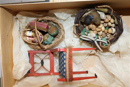 An Armand Marseille bisque headed doll, a peddler doll and sundry dolls house miniatures